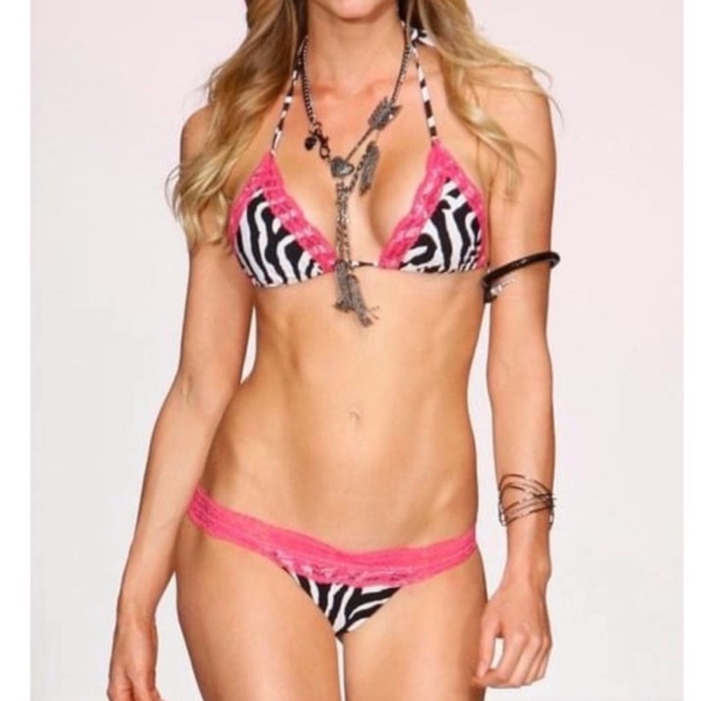 Beach Bunny Pink Lace Zebra Bikini top & bottom, XS, padded top